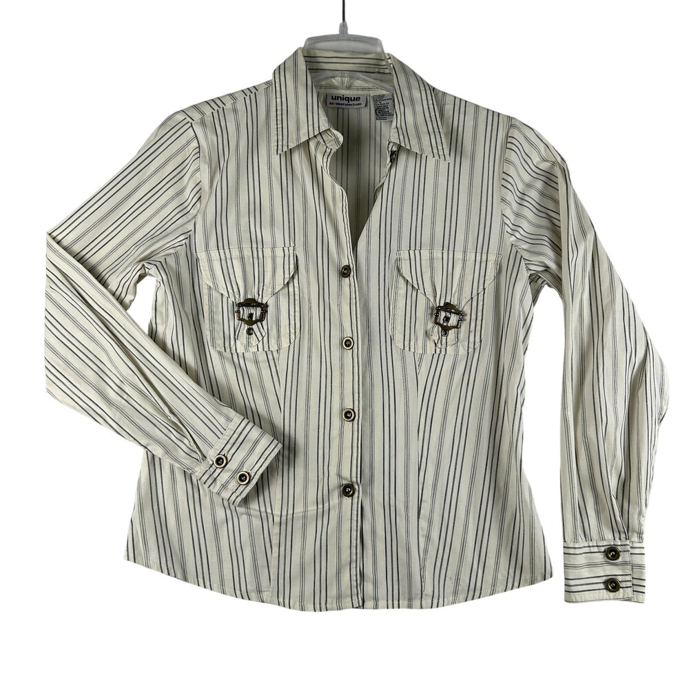 Vintage Unique Spectrum Button Up Shirt Womens M Striped Long Sleeve Buckle Y2K